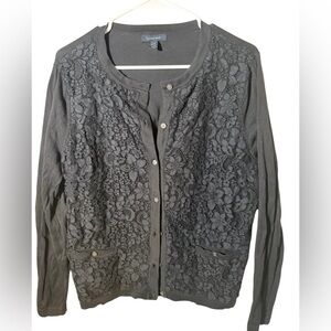 Lands End Lace Front Cardigan Sweater withh Small buttons Black Pretty